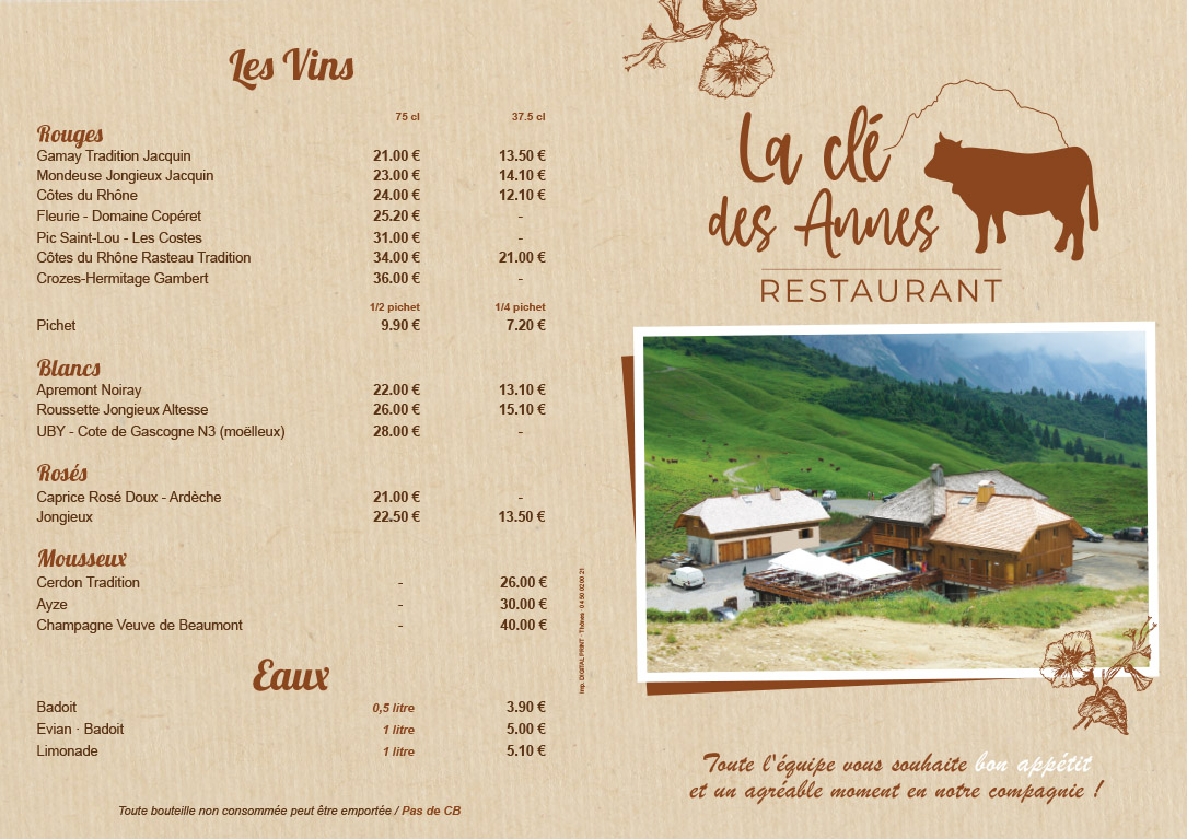 Carte été 2024 restaurant La Clé des Annes Grand Bornand Haute Savoie