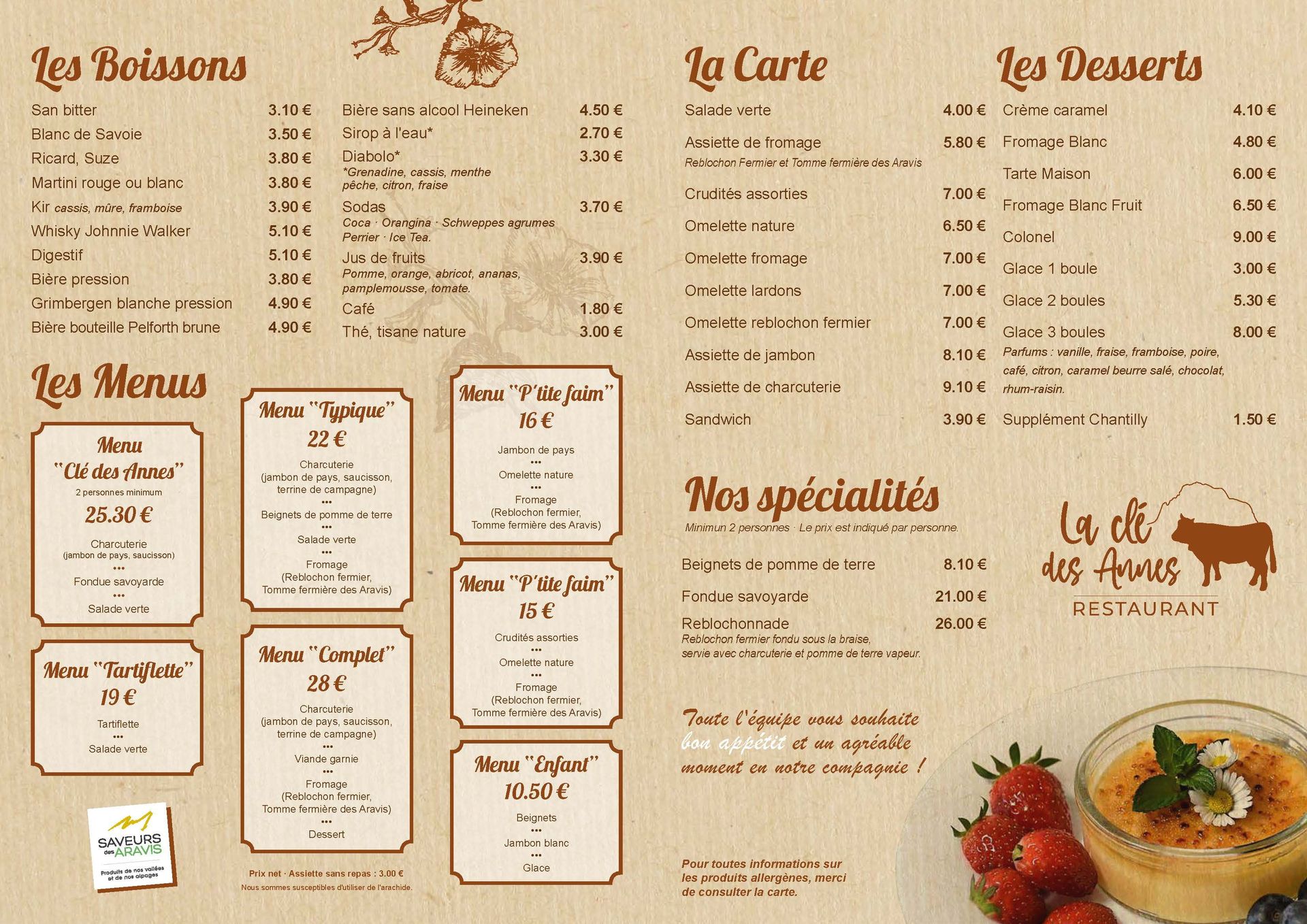 Carte été restaurant d'altitude La Clé des Annes Grand Bornand Haute Savoie