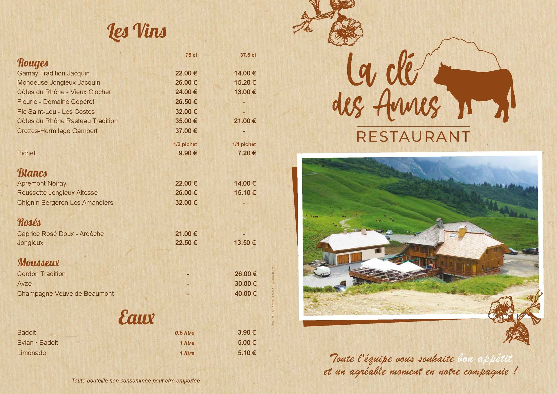 Carte été restaurant La Clé des Annes Grand Bornand Haute Savoie